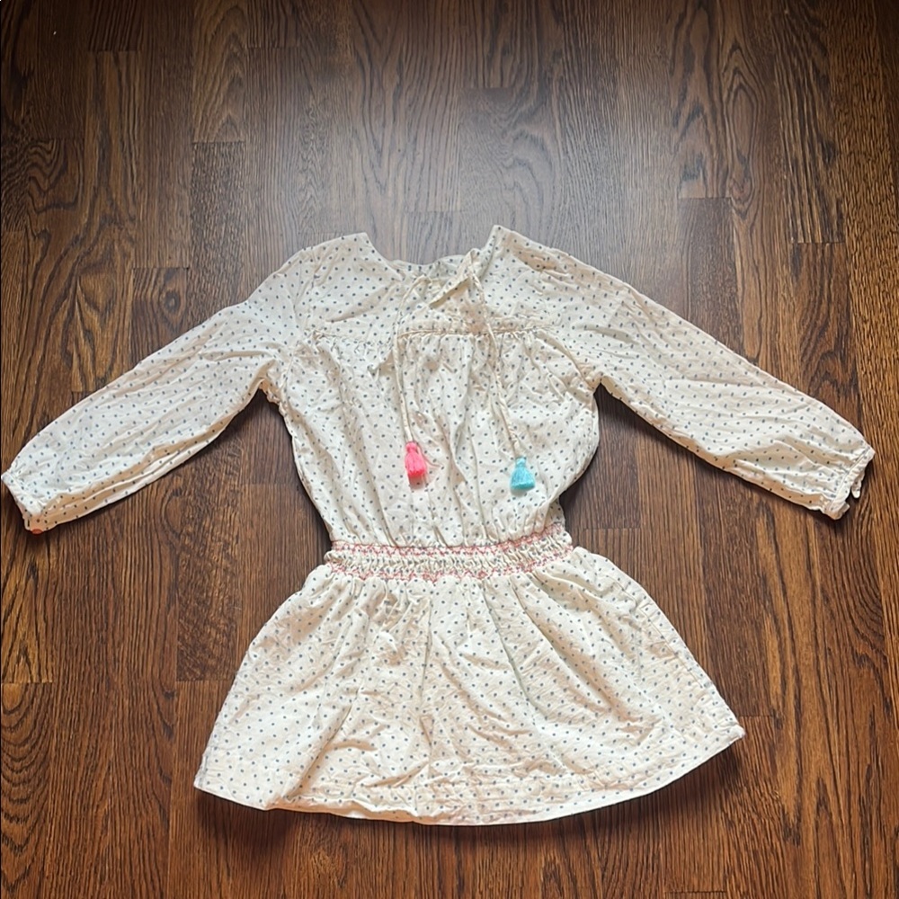 Everbloom light Cream Polka Dot Smocked Waist Dress with Tassels